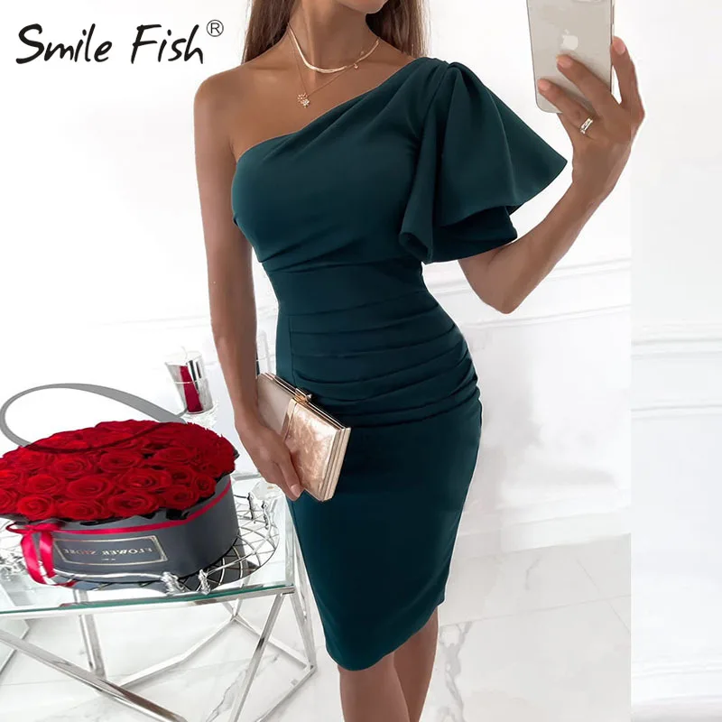 

Ruffles 2022 Summer Sexy One Shoulder Slim Lady Clubwear Bodycon Midi Dresses for Women Casual Woman Party Club Dress Robe G1094