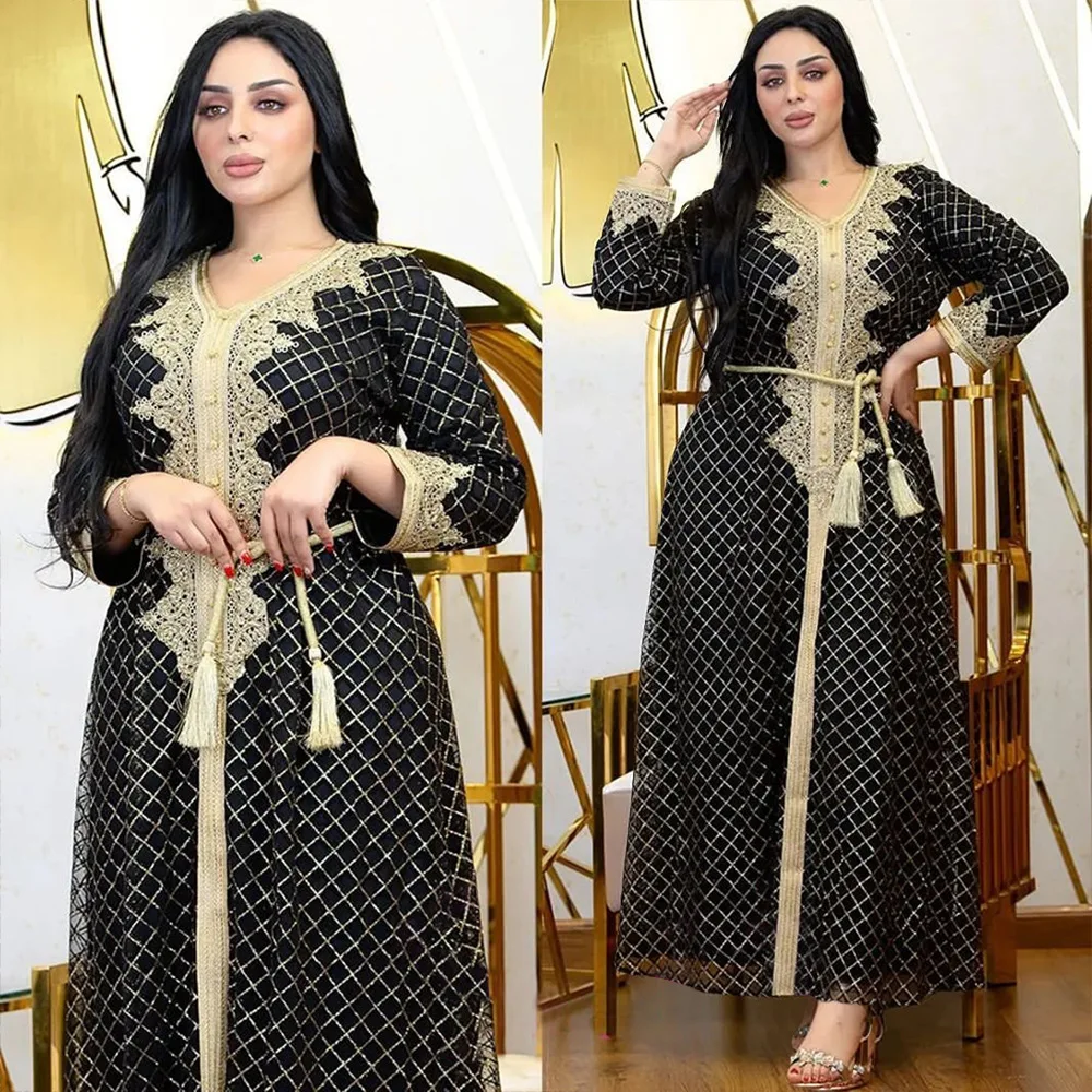 middle east muslim abaya plaid sequins sequin party dress skirt belted muslim