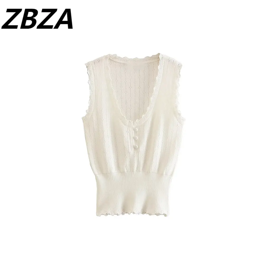 

Новинка 2023, модные женские летние бежевые жаккардовые сетчатые вязаные топы ZBZA, винтажные женские шикарные топы без рукавов с круглым вырез...