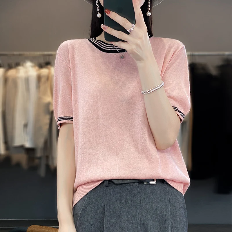 

M-XXL Summer New O-Neck Women's Short Sleeve Sweater Fashion Comfortable Solid Color Knitted Thin Pullover Women's Wool T-shirt