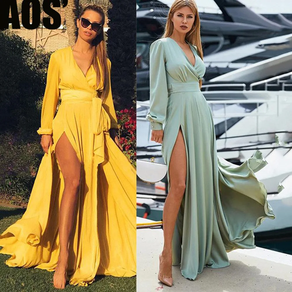 

2022 Spring And Autumn Deep V-neck Splice Slit Large Hem Long Solid Fashion Yellow Dress