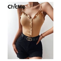 chicme summer women frill hem button front skinny cami top casual v neck sleeveless spaghetti strap basic tops