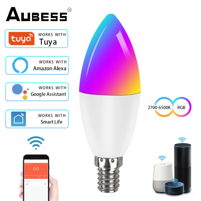 

Умсветильник Светодиодная лампа Aubess с Wi-Fi, приглушаемая лампа E14, RGB + CW + WW, 5 Вт, 7 Вт, 9 Вт, совместима с Alexa и Google Home Assistant