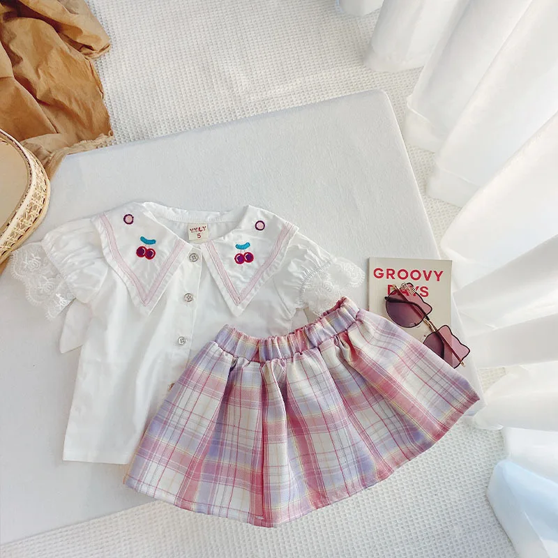 

Girls College Wind Set Skirt Summer Jk Uniform Two-Piece Rabbit Ear Suspenders Skirt Short-Sleeved Shirt Plaid Pleated Skirt