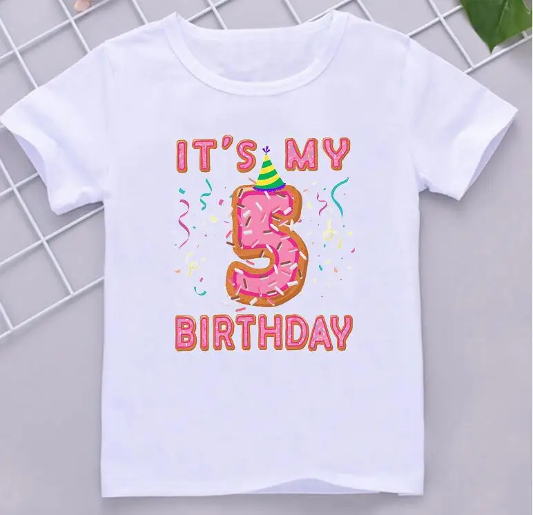 

2th-10th Birthday Gift Graphic Print Tshirt For Girls Donuts Crown T Shirt Kids Clothes Summer Kawaii Children Clothing T-Shirt