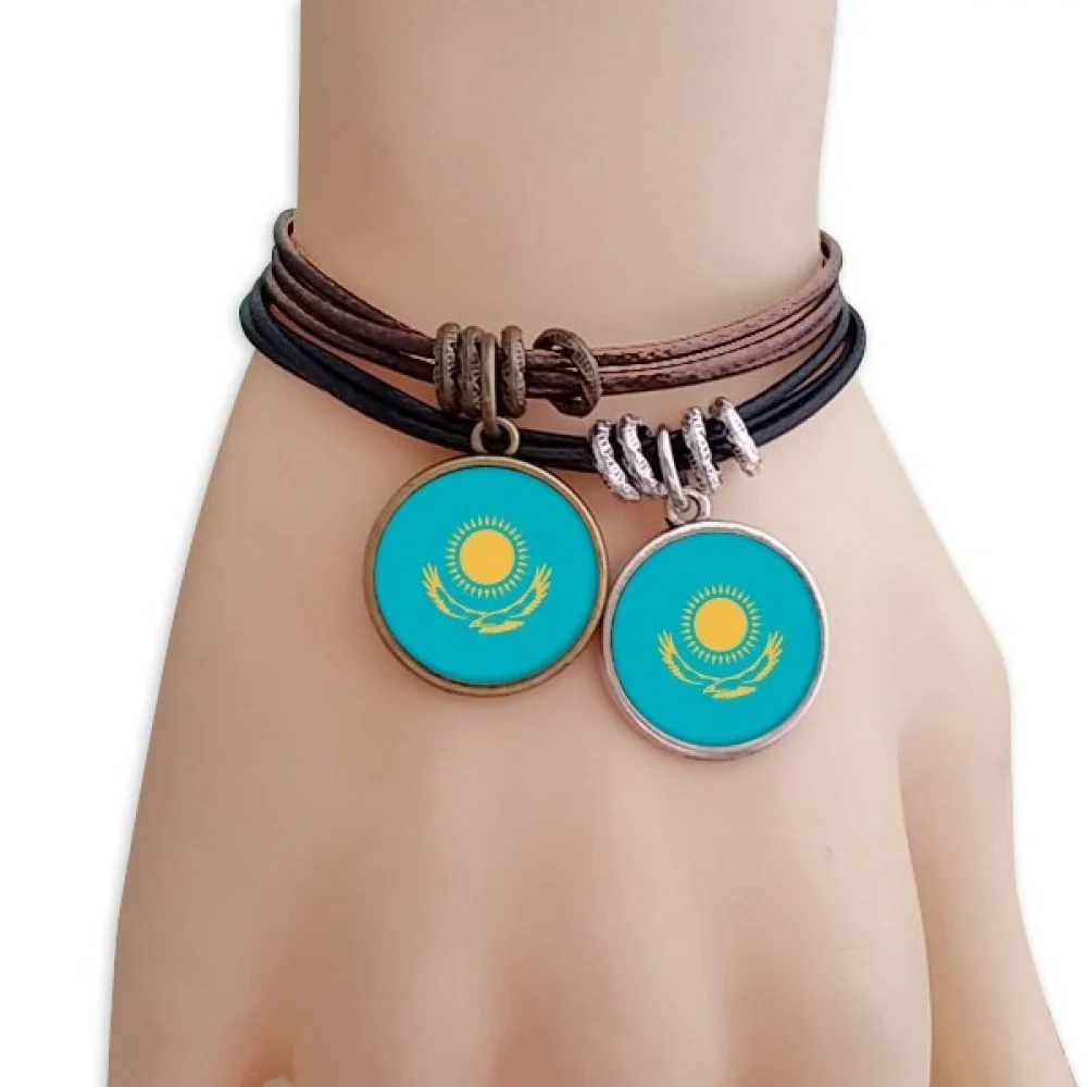 

Kazakhstan National Flag Asia Country Bracelet Double Leather Rope Wristband Couple Set
