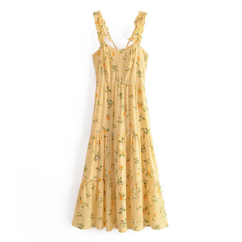 

Женское элегантное платье на бретелях-спагетти, желтое длинное платье с принтом лимона, шикарное уличное платье с высокой талией и эластичн...