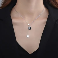womens fashion black square pendant necklaces copper round circle pendants cubic zircon clavicle chain neck accessories for men