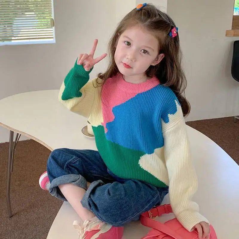 

Mother Daughter Son Fashion Sweaters for Family Matching Clothes Outfits Adult Kids Colorblock Map Knit Crew Neck Pullover
