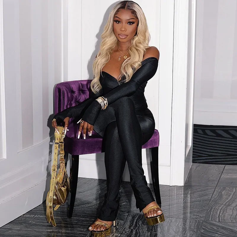 Костюм брючный женский из двух предметов с открытыми плечами и длинным рукавом