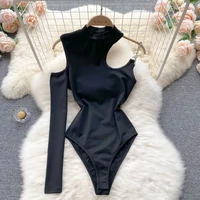 sexy hollow out chain strap skinny bodysuits women fashion stand collar one sleeve bodycon jumpsuit club party body tops outfits