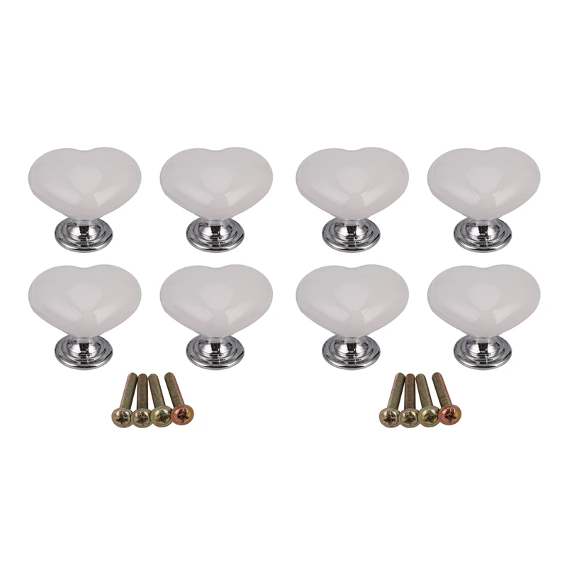 

8Pcs Handle Ceramic Door Knob Heart Shape For Closet Drawer White