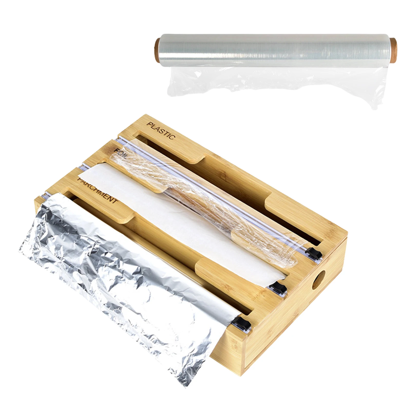 

Bamboo Aluminum Foil Parchment Dispenser Reusable Food Wrap Dispenser with Slider Cutter for Kitchen Drawer 3 In 1 Wrap Dispense