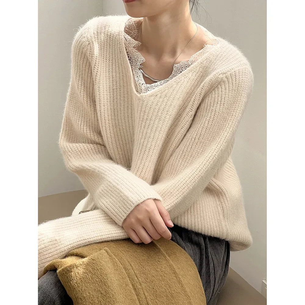 Женская одежда кружевной лоскутный свитер с v-образным вырезом новинка