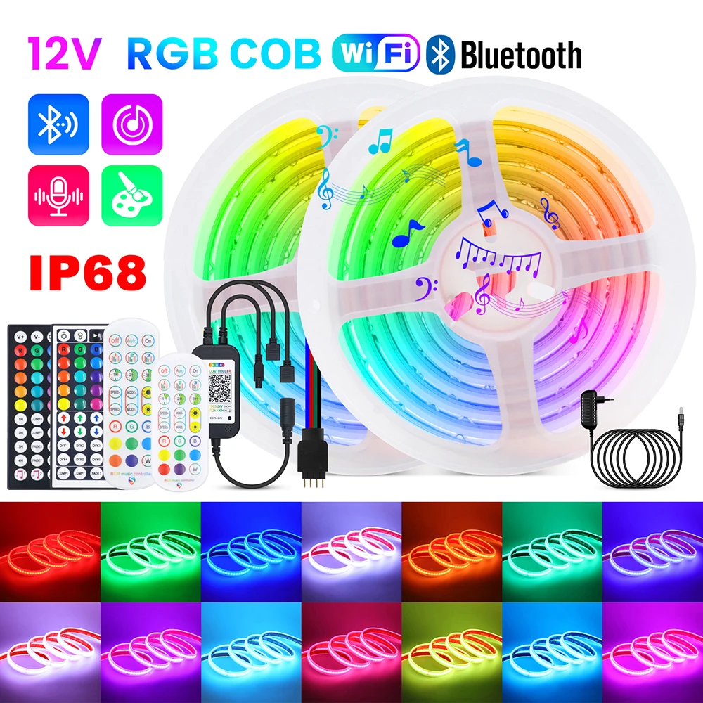 Фото Водонепроницаемая светодиодная лента RGB COB IP68, Wi-Fi, Bluetooth-совместимый пульт дистанционного управления, комплект питания 12 В, 576 светодиодов, гибкая силиконовая трубка, лампа №1