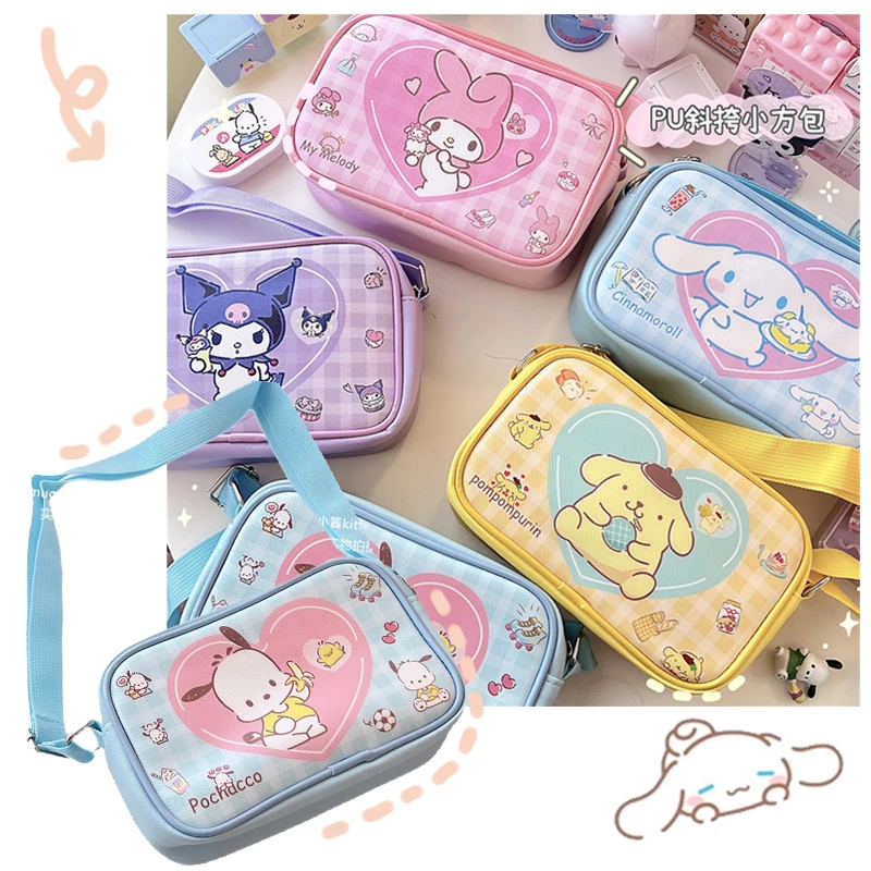 

PINK Sanrioed Kawaii My Melody Cinnamoroll Kuromi Purin Dog Anime Childrens Printed Backpack Outing Messenger Bag Cute Girl Gift