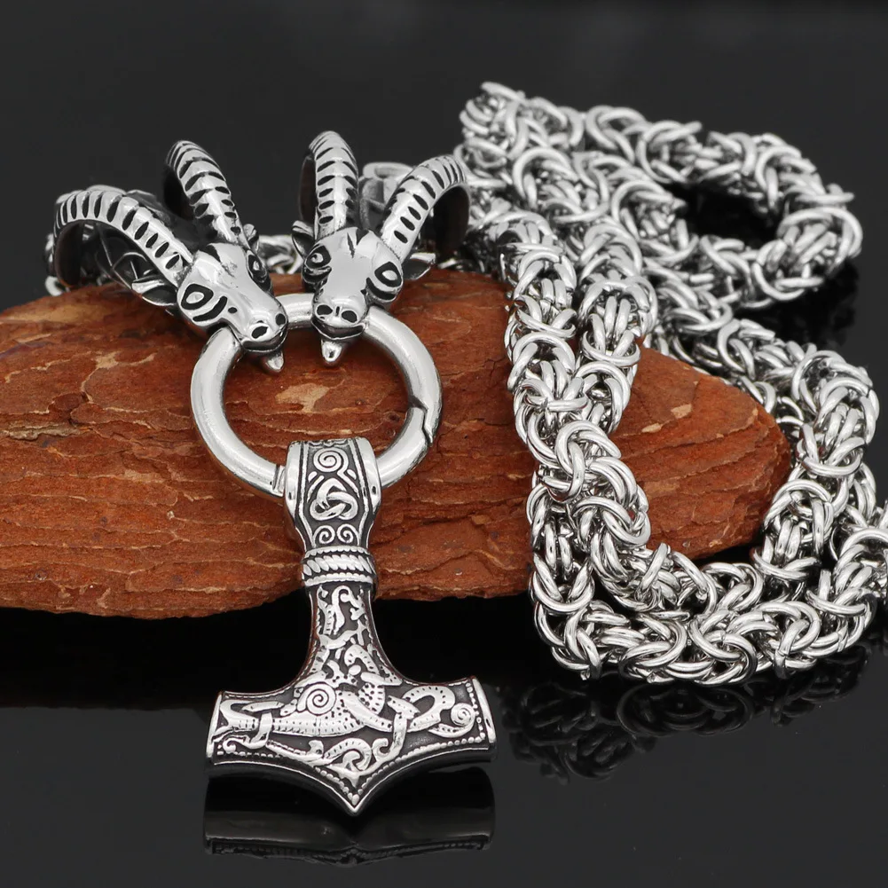 

Sheep Head Men's Necklace Stainless Steel Odin Thor Hammer Nordic Viking Titanium Steel Pendant Celtic Mountain Gift New Jewelry