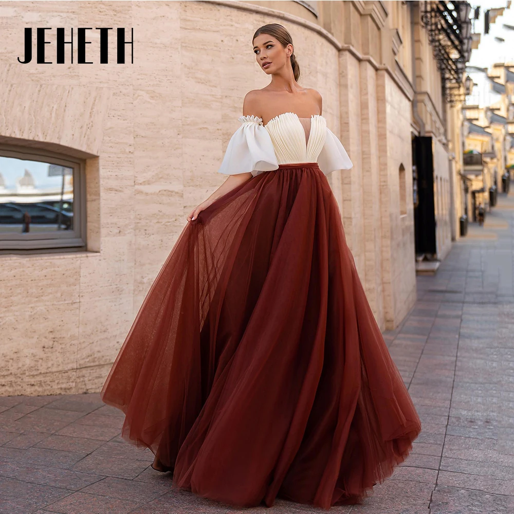 

Elegant Tulle Formal Evening Dress Strapless Puff Sleeve Pleated Long Prom Gown Backless Lace Up Corset Custom Made Robes De Bal
