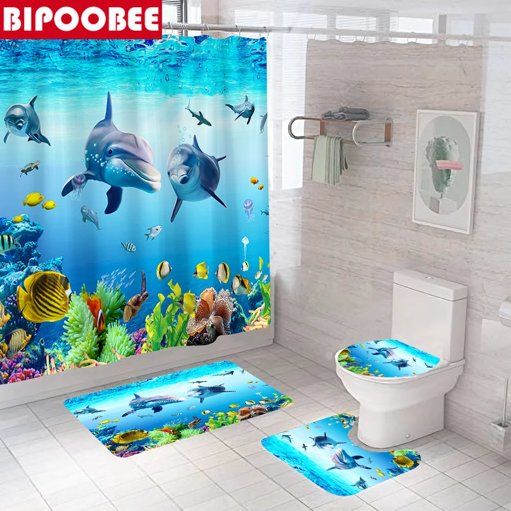 

Ocean Dolphin 3D Print Shower Curtain Bathroom Curtains Set Pedestal Rugs Underwater World Bath Mat Toilet Cover Non-Slip Carpet