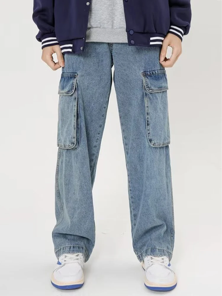 

Retro Cargo Pants Multiple Pockets Design Jeans Men Korean Style Washed Blue Denim Wide -leg Pants Boyfriend Boyfriend Men Pants