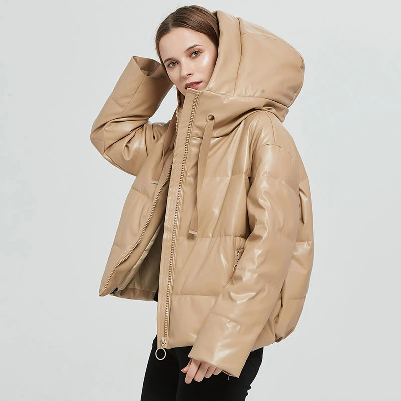 PU Leather Parkas Women Winter Coats Hooded Outerwear Fashion Thicken Warm Black Khaki Faux Leather Cotton-padded Jackets Female enlarge