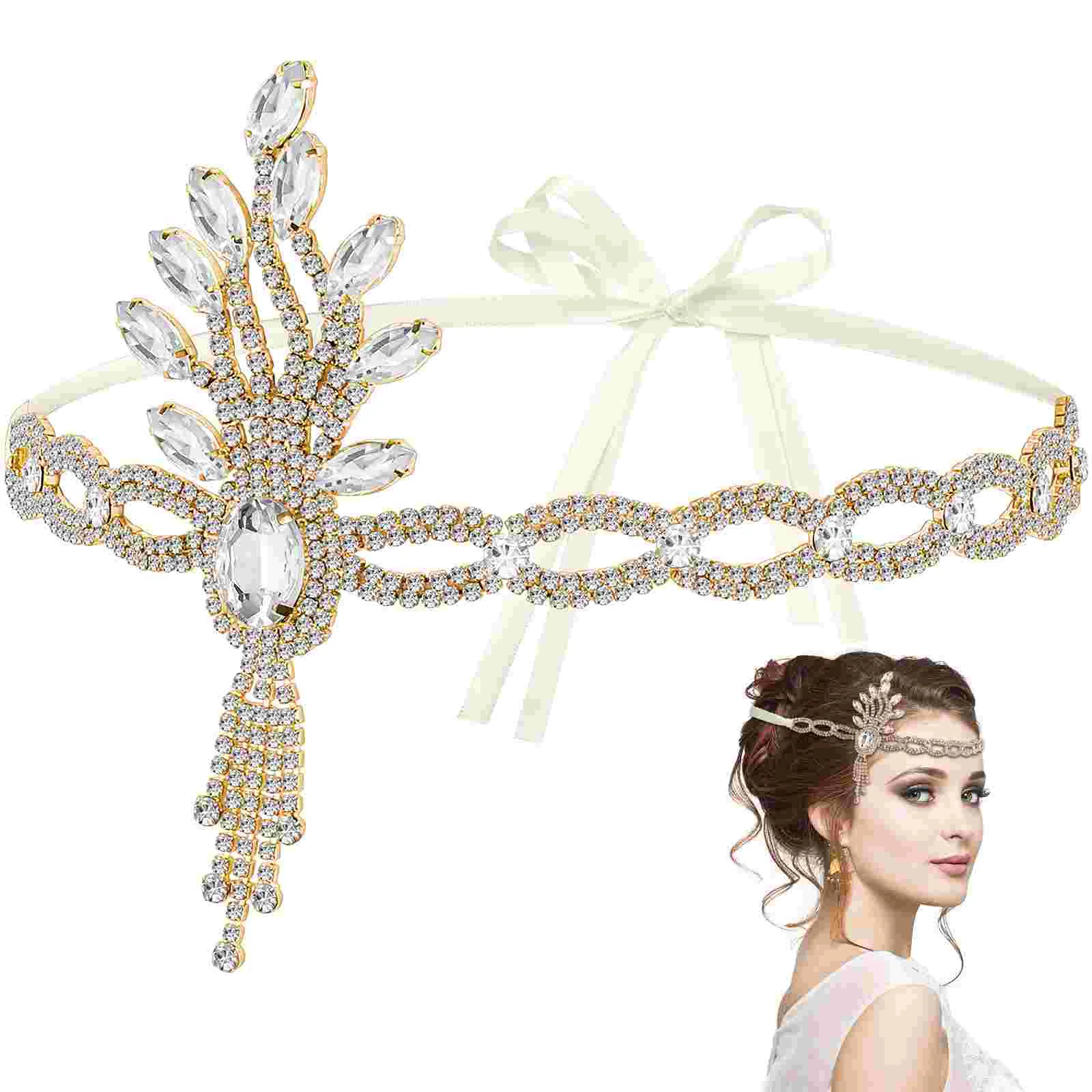 

Headband Bridal Gatsby Flapper Headpiece Accessories Rhinestone Wedding Women Headbands Hair 1920S 20S Hairbands Ribbon Hairband