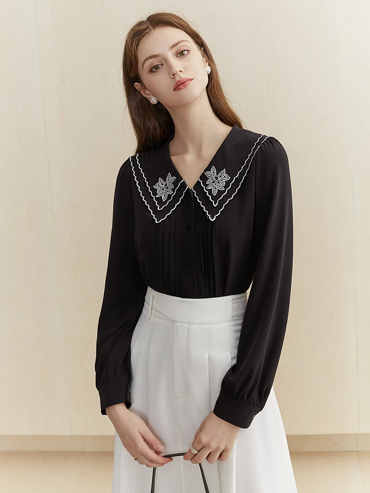 Шифоновая Блузка с цветочной вышивкой FSLE рубашка Женская двухслойная