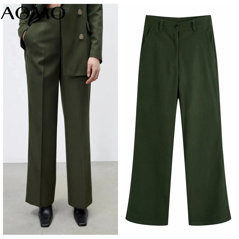 

AOMO 2022 Fashion Women Green Suit Pants Trousers Pockets Office Lady Elegant Pants BE302A