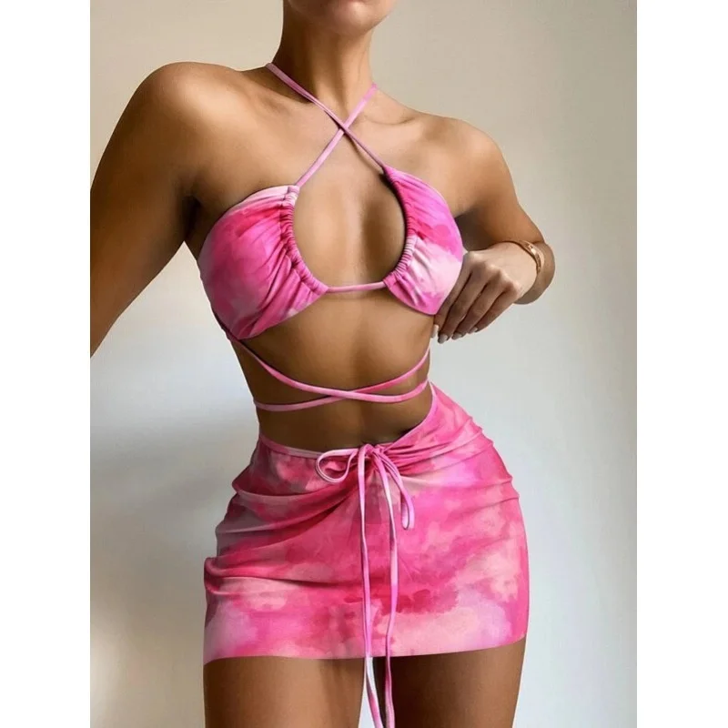 

In-X Bandeau bikini 2022 Pink print swimwear women Skirts 3 pieces set Halter string women swimsuit Sexy bathing suit summer