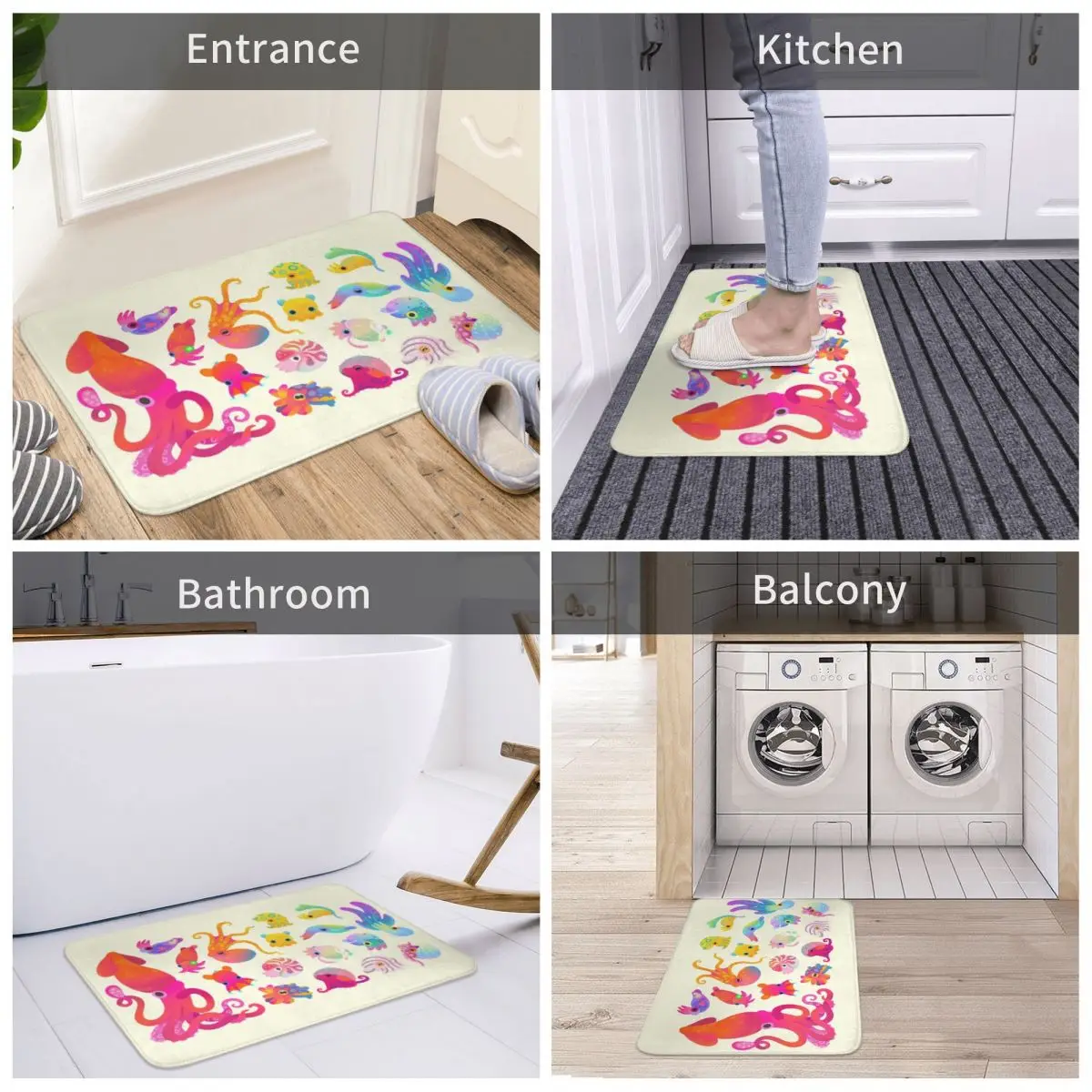 

Bath Mat Cephalopod - Pastel Decor 3D Rug Carpet Doormat Non-slip Entrance Living Room Home Kitchen Antiwear Bathroom Balcony