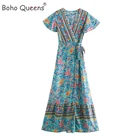 Женское Пляжное Платье макси с цветочным принтом, V-образным вырезом и рукавом летучая мышь