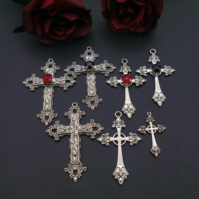 Gothic Cross Charm Pendants Punk ,Large Red Crystal Colour Statement Trad Goth Jewelry Making DIY Handmade  Jewelry Accessories