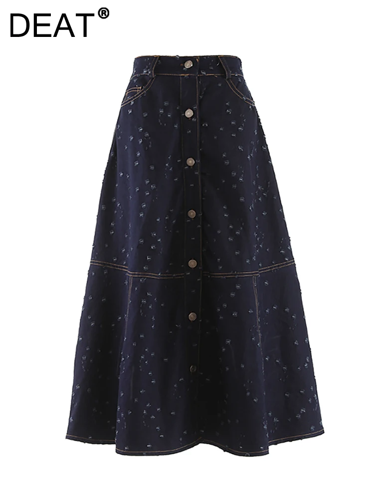 

Женская джинсовая юбка с высокой талией DEAT, однобортная рваная длинная юбка темно-синего цвета с яркими полосками, новая мода на осень 2023, 29L3342