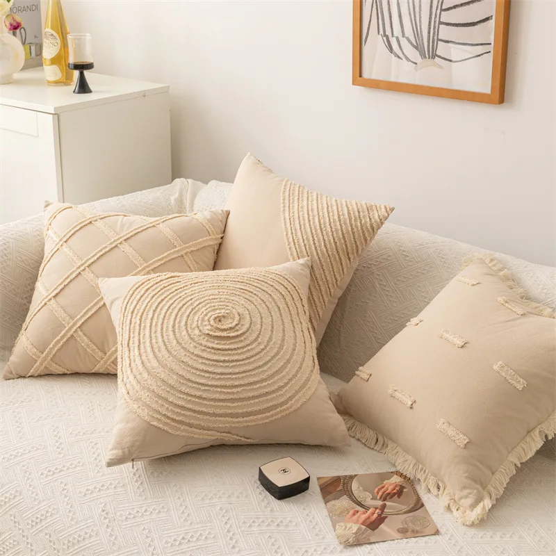 

Nordic simple geometric tufted embroidery cotton linen pillow cover home decoration sofa tassel cushion cover