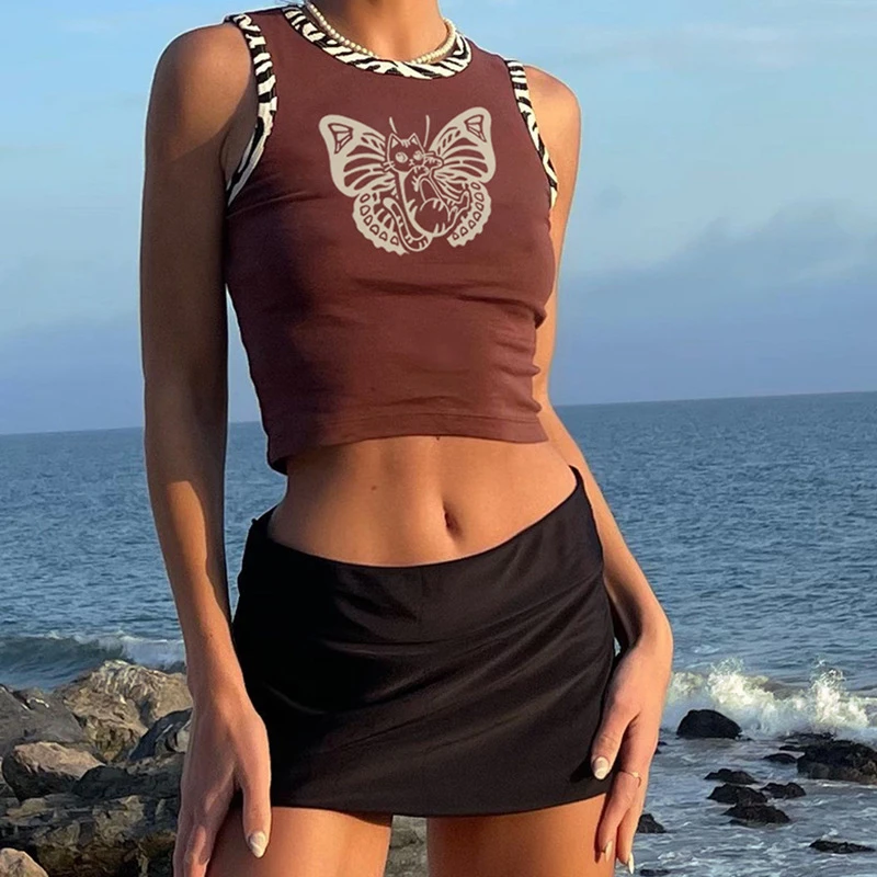 

Summer Fashion Slim Gothic Print Butterfly Contrast Color Sleeveless O-neck Girl Casual Skinny Crop Top Women Short Tank Top