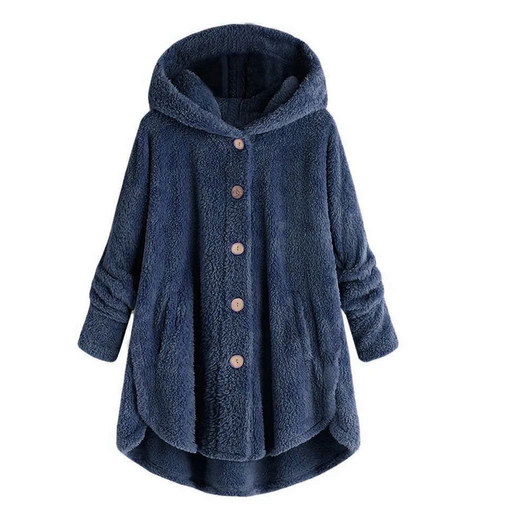 

Women Plus Size Button Plush Tops Hooded Loose Cardigan Wool Coat Winter Long Jacket with Pocket Ladies fashion Outwear Coat