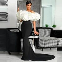 elegant black and white evening dresses aso ebi style mermaid shape with train puffy ruffles strapless cap sleeve