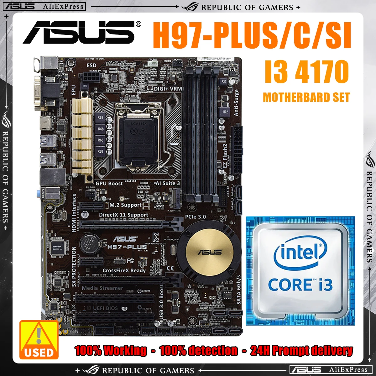 

Оригинальная материнская плата ASUS H97-PLUS/C/SI, LGA 1150 DDR3 H97 SATA3 USB3.0, десктопная материнская плата с комплектом ЦП I3 4170