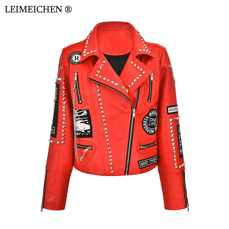 

Кожаные куртки LEIMEICHEN из мягкой искусственной кожи с 3d-граффити, женская кожаная куртка с заклепками и бисером, укороченная кожаная верхняя ...