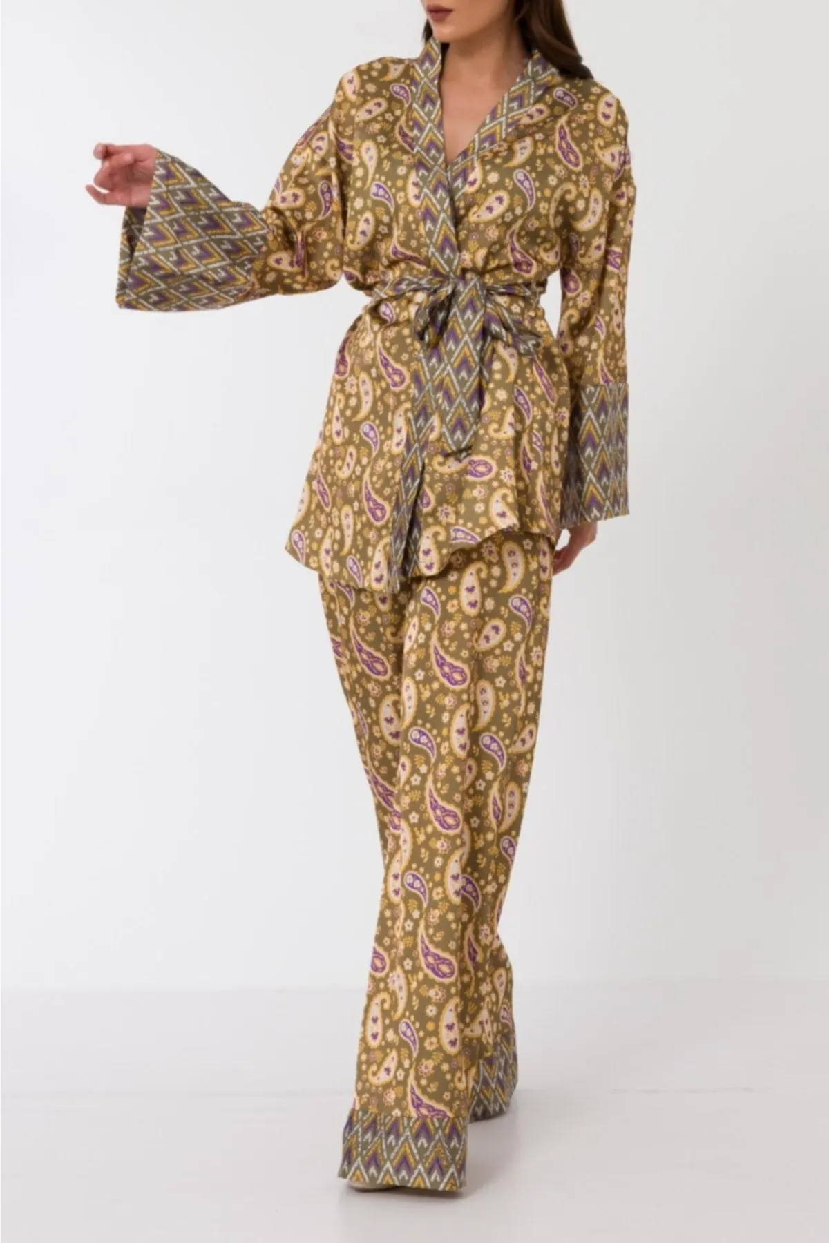 

Женское кимоно с рисунком зеленой шалью, пиджак с поясом, модный халат, наряд, халат, халат, платье, халат, лето 2022