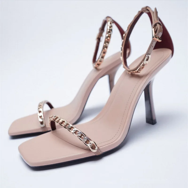 

DOGHC 2022 Women Sandals Summer Open Toe One Word Pumps Female Chain Squaer Toe Party Shoes Woman Elegant Buckle Strap Footwear