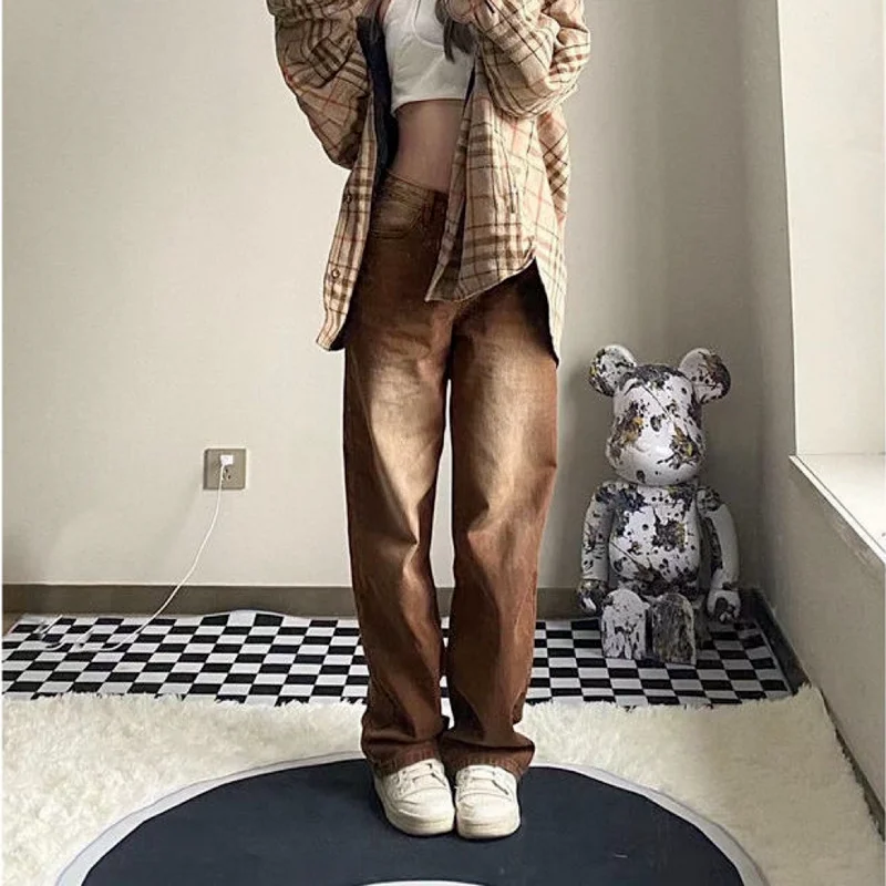 Retro Brown Straight-leg Jeans Women's Autumn Loose Korean Version of The Thin Casual Gradient Color Wide-leg Mopping Trousers