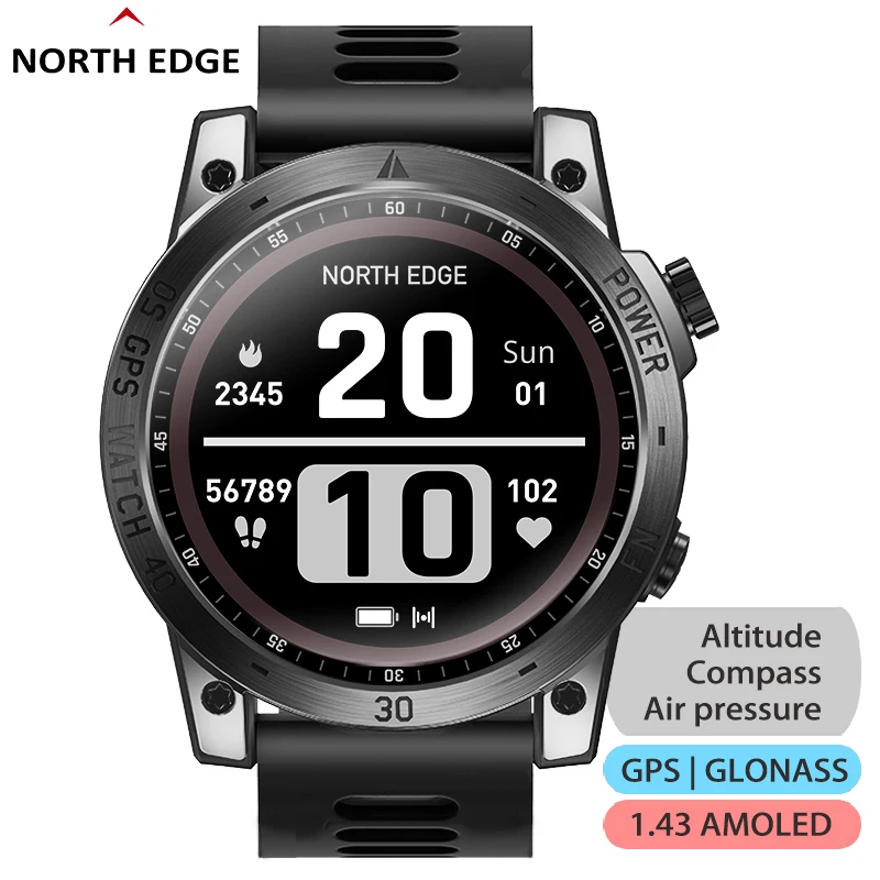 

Смарт-часы NORTH EDGE мужские с GPS, HD AMOLED дисплеем, высотомером, барометром и компасом, 50 м