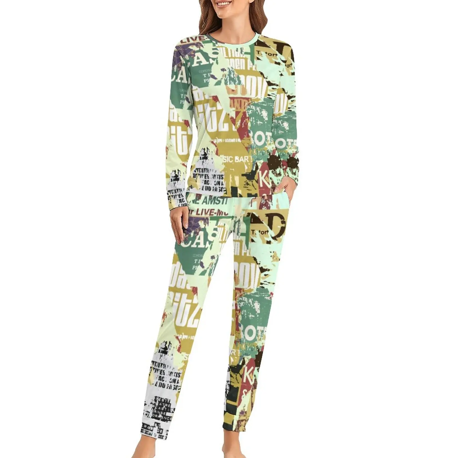 

Newspaper Collage Pajamas 2 Piece Vintage Aesthetic Cute Pajama Sets Long-Sleeve Bedroom Sleepwear Autumn Home Suit Big Size