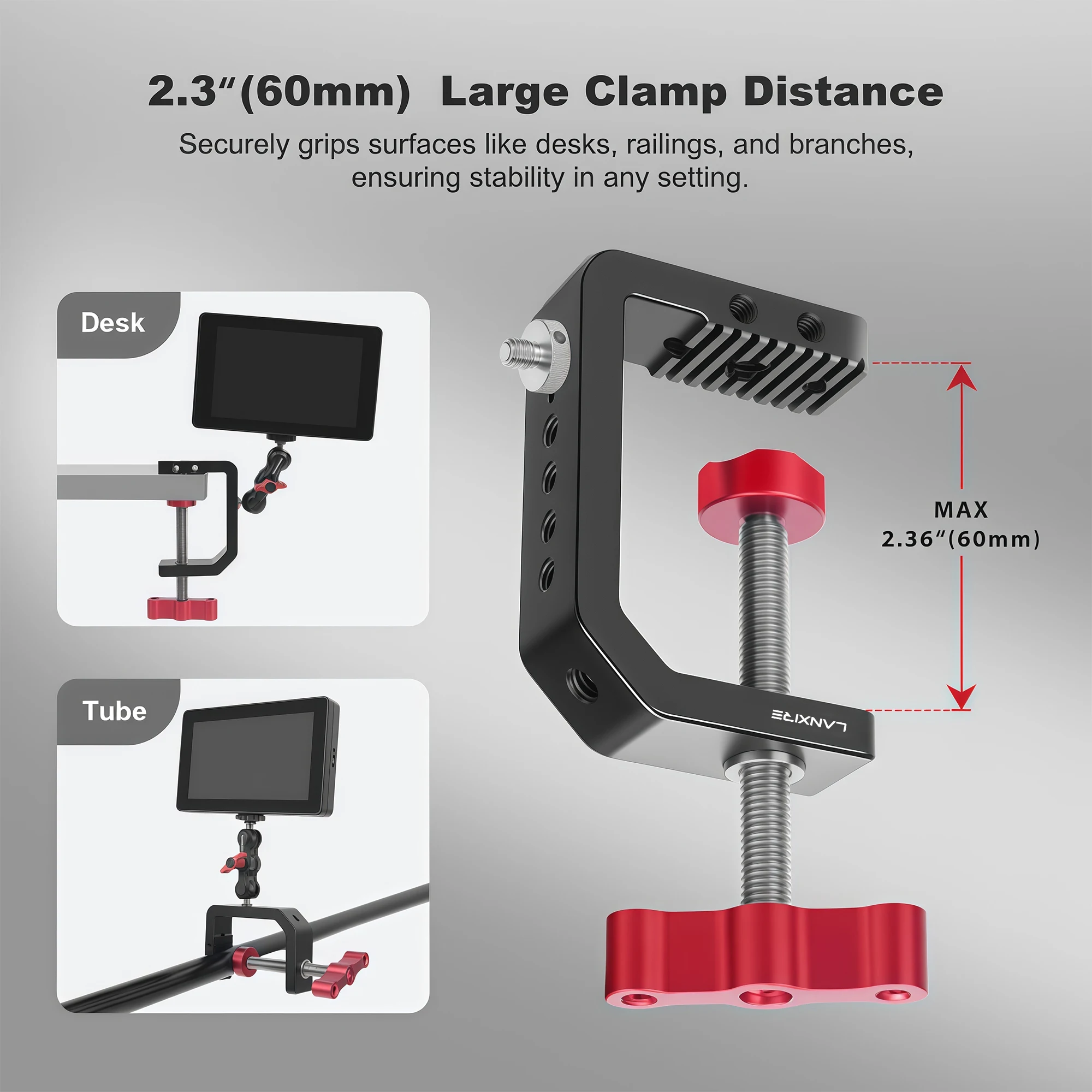 Фото Настольное крепление Lanxire из алюминия типа C-Clamp, резьба 1/4” и 3/8” для DSLR, осветительной стойки, монитора, микрофона, стола, настольной камеры C-Clamp №4