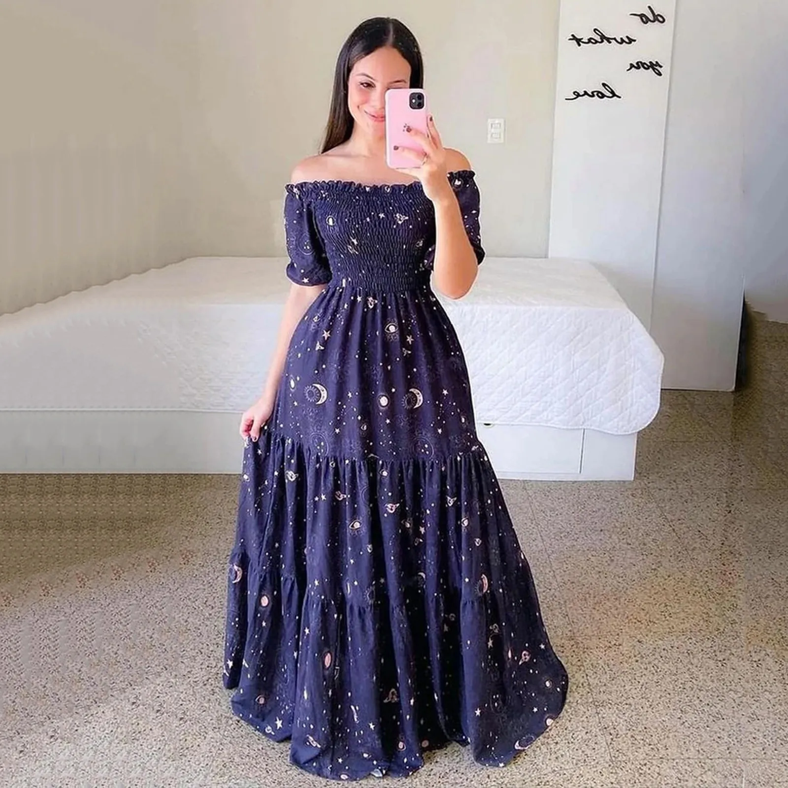 

Летнее Женское Платье макси с открытыми плечами, длинные плиссированные платья с короткими рукавами и высокой талией, Женский Длинный Сара...