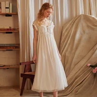 sexy satin long night dress women summer white fairy mesh lace peignoir sleepwear victorian nightgown vintage princess nightwear