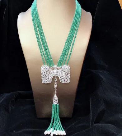 

Hand knotted white natural freshwater pearl green zircon tassel necklace fashion jewelry20"