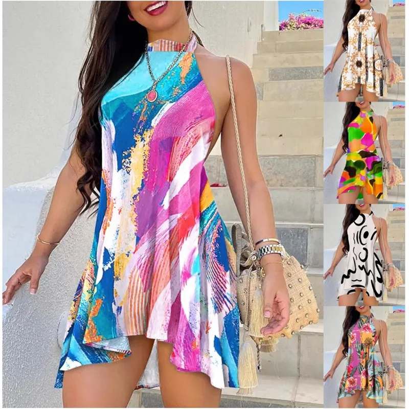 

Tropical 2023 Summer Leisure Women's Dress Sexy Beach Vacation Trend Hanging Neck Tie Dye Print Flower Open Back Lace Up Dress