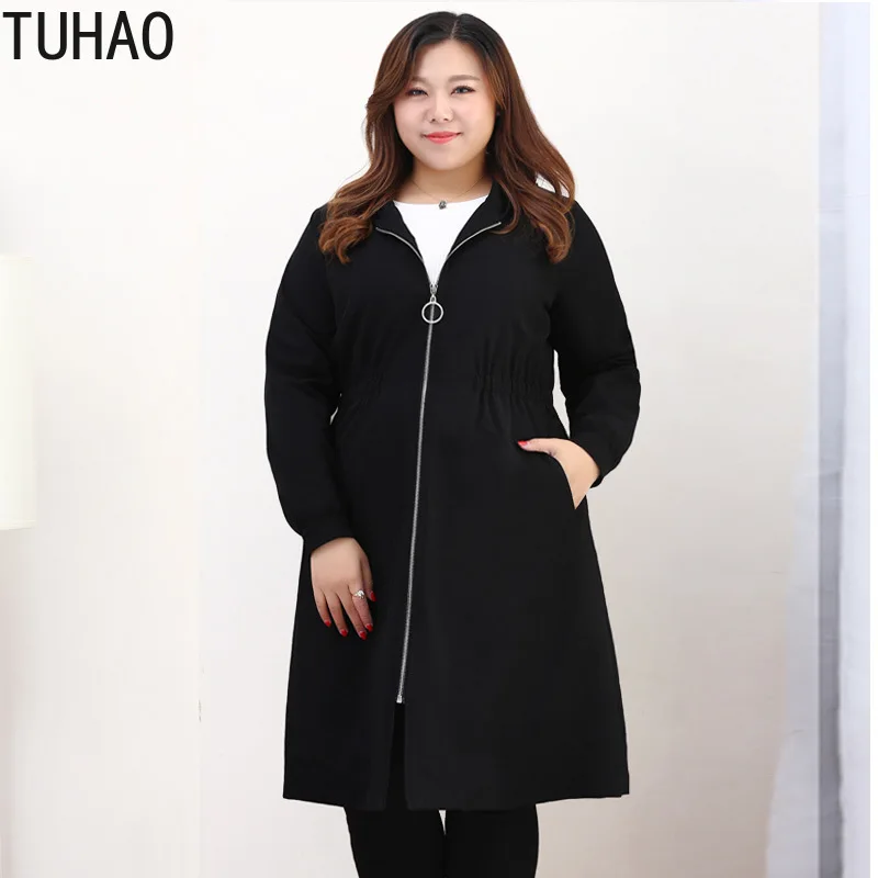 

TUHAO 2019 Spring Women's Black Hooded Overcoat Coat Oversized 10XL 9XL 8XL Woman Windbreaker Coat Loose Long Trench Coats MS